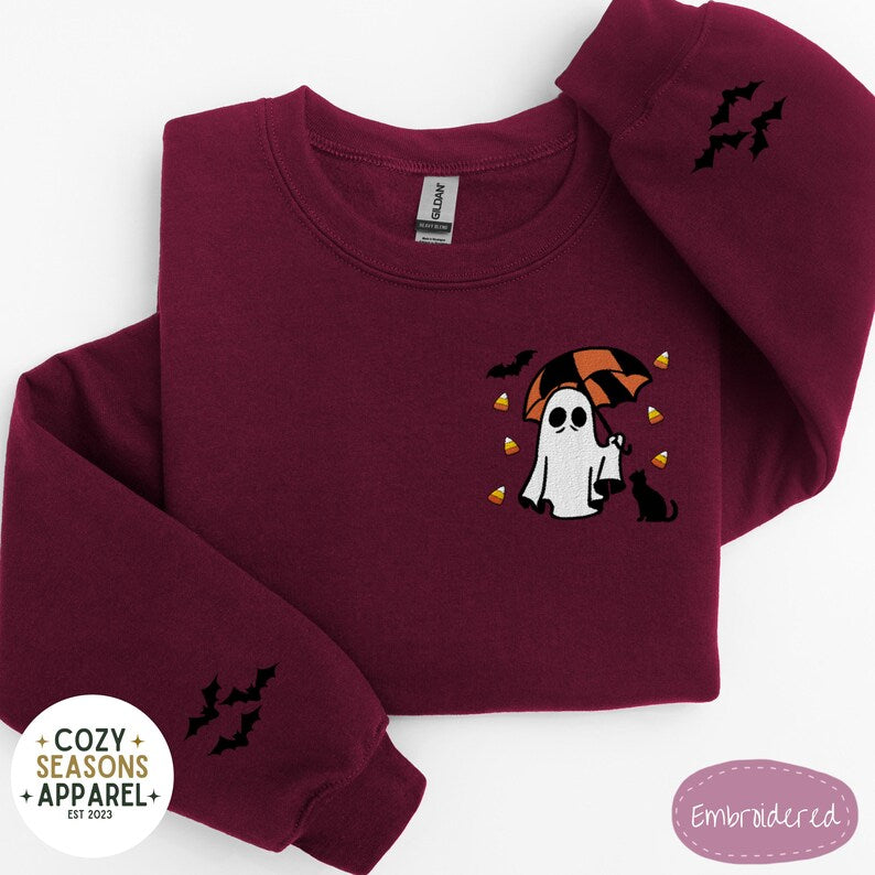 Embroidered Spooky Ghost Holding Umbrella Raining Candy Corn with Black Cat and Bat Sleeves  Sweatshirt