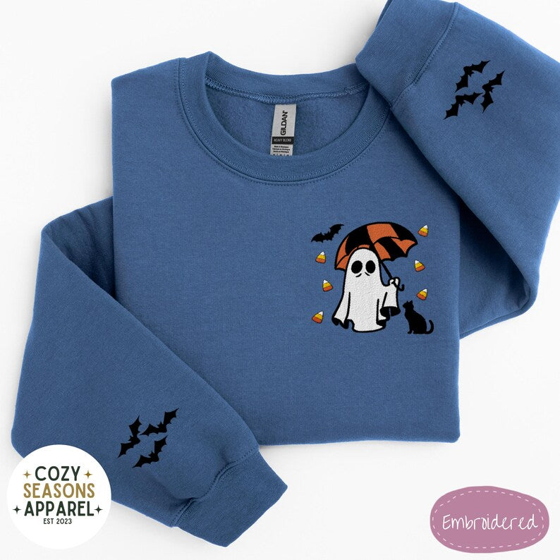 Embroidered Spooky Ghost Holding Umbrella Raining Candy Corn with Black Cat and Bat Sleeves  Sweatshirt