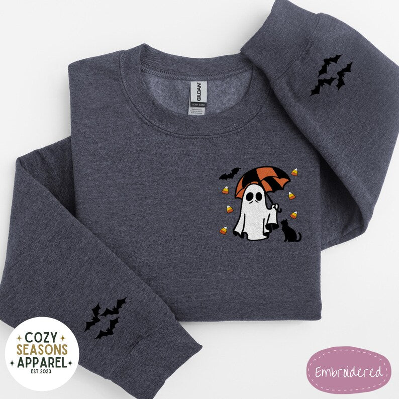 Embroidered Spooky Ghost Holding Umbrella Raining Candy Corn with Black Cat and Bat Sleeves  Sweatshirt
