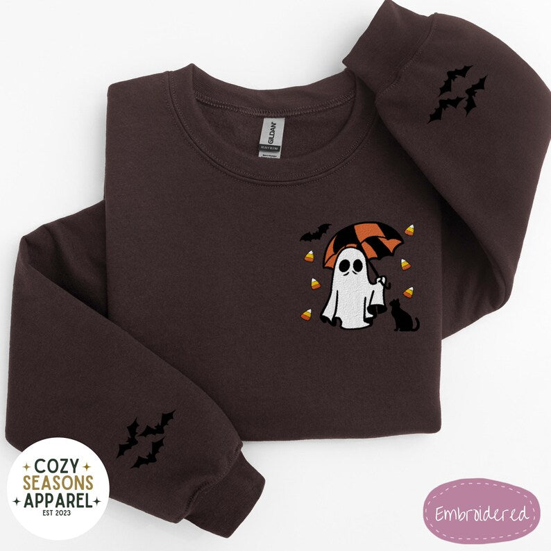 Embroidered Spooky Ghost Holding Umbrella Raining Candy Corn with Black Cat and Bat Sleeves  Sweatshirt