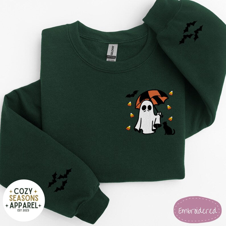 Embroidered Spooky Ghost Holding Umbrella Raining Candy Corn with Black Cat and Bat Sleeves  Sweatshirt