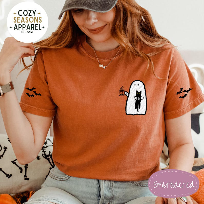 Embroidered Comfort Colors Halloween Shirt - Spooky Ghost Drinking Coffee Holding Black Cat with Bat Sleeves