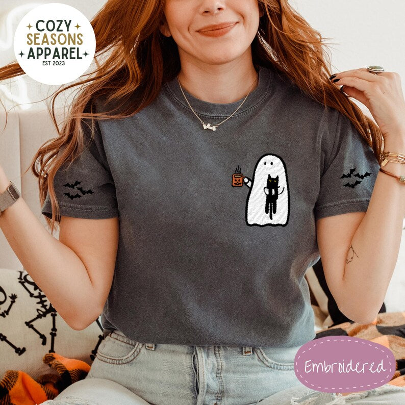Embroidered Comfort Colors Halloween Shirt - Spooky Ghost Drinking Coffee Holding Black Cat with Bat Sleeves