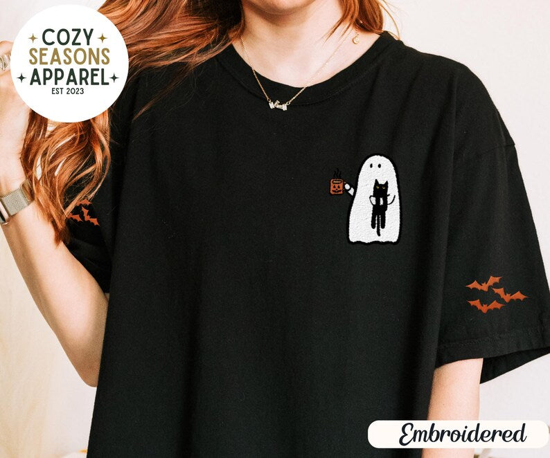 Embroidered Comfort Colors Halloween Shirt - Spooky Ghost Drinking Coffee Holding Black Cat with Bat Sleeves