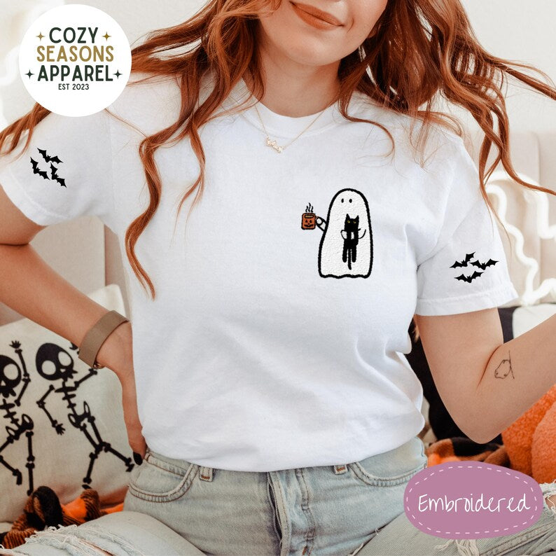 Embroidered Comfort Colors Halloween Shirt - Spooky Ghost Drinking Coffee Holding Black Cat with Bat Sleeves