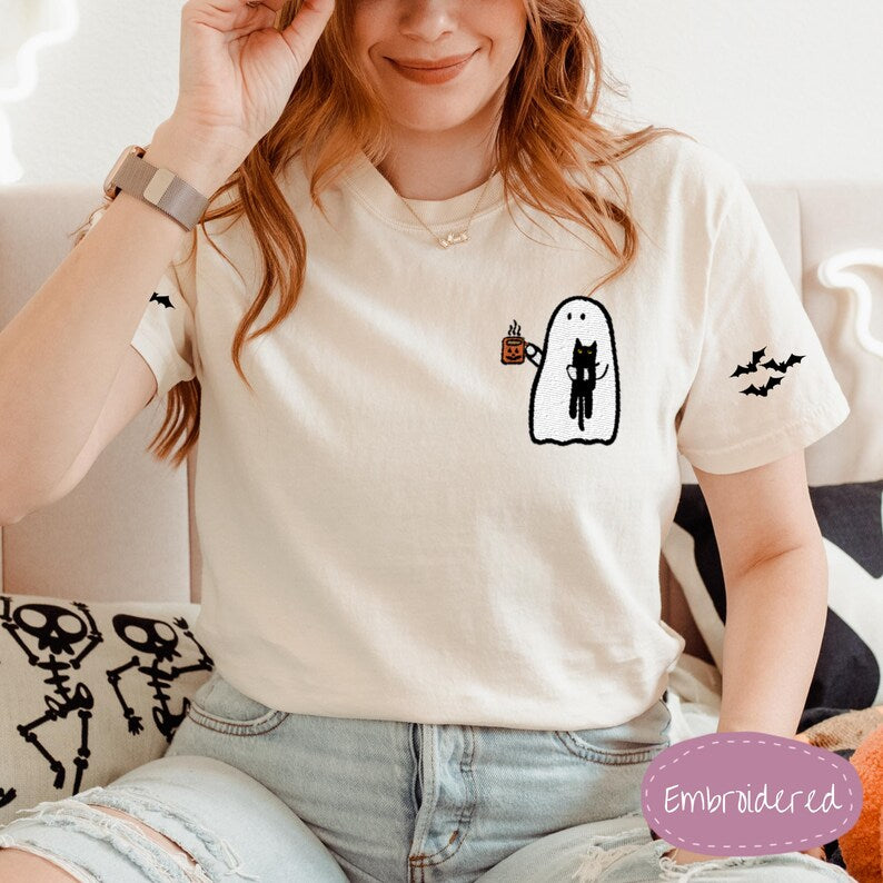 Embroidered Comfort Colors Halloween Shirt - Spooky Ghost Drinking Coffee Holding Black Cat with Bat Sleeves