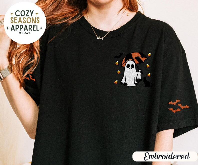 Embroidered Comfort Colors Halloween Shirt - Spooky Umbrella Holding Umbrella with Raining Candy Corn & Cute Black Cat with Bat Sleeves
