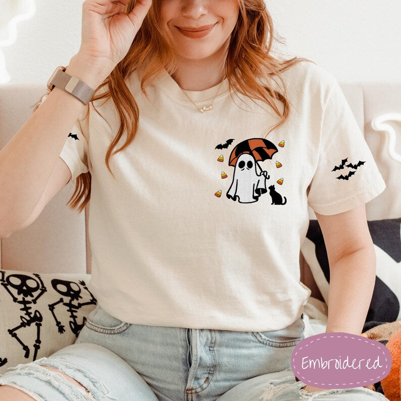 Embroidered Comfort Colors Halloween Shirt - Spooky Umbrella Holding Umbrella with Raining Candy Corn & Cute Black Cat with Bat Sleeves