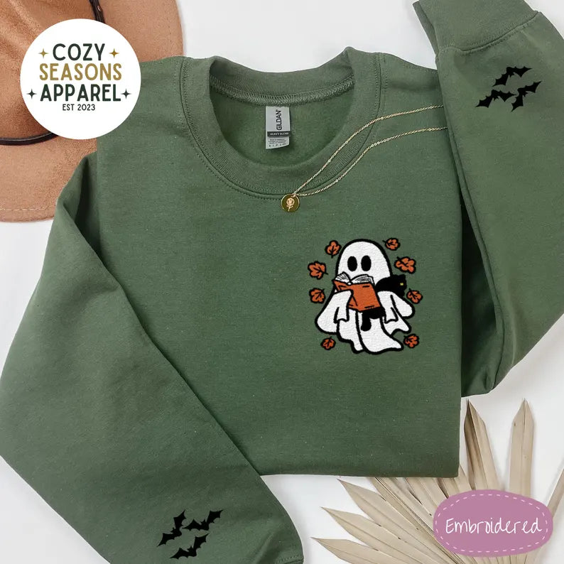 Embroidered Halloween Book Sweatshirt - Spooky Ghost Reading a Book Holding Black Cat in the Fall with Bat Sleeves