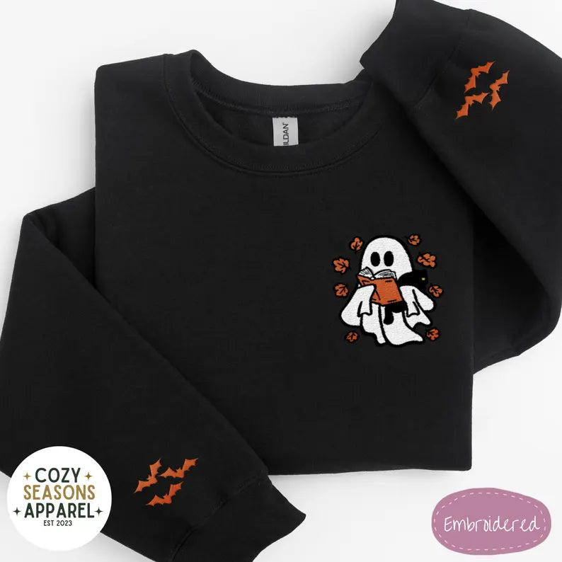 Embroidered Halloween Book Sweatshirt - Spooky Ghost Reading a Book Holding Black Cat in the Fall with Bat Sleeves