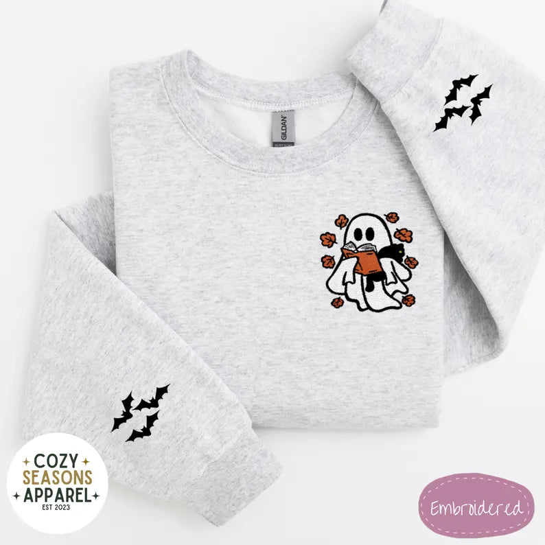 Embroidered Halloween Book Sweatshirt - Spooky Ghost Reading a Book Holding Black Cat in the Fall with Bat Sleeves