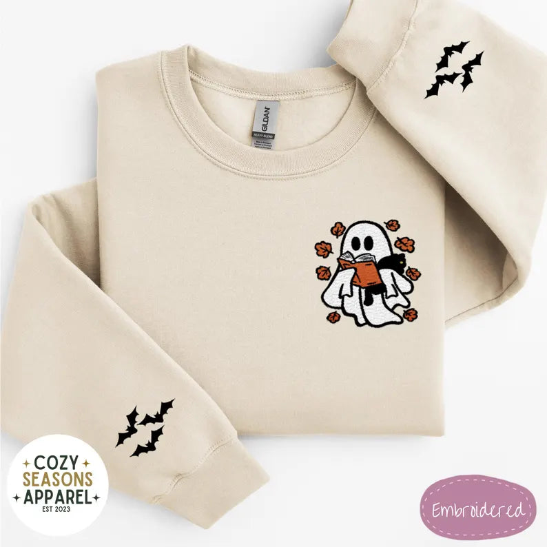 Embroidered Halloween Book Sweatshirt - Spooky Ghost Reading a Book Holding Black Cat in the Fall with Bat Sleeves