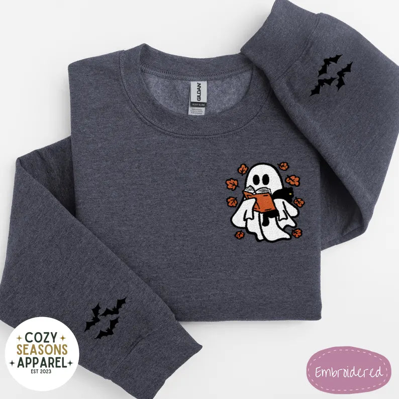 Embroidered Halloween Book Sweatshirt - Spooky Ghost Reading a Book Holding Black Cat in the Fall with Bat Sleeves