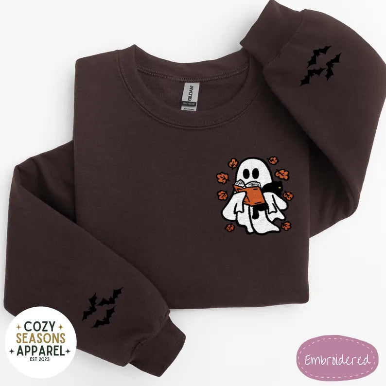 Embroidered Halloween Book Sweatshirt - Spooky Ghost Reading a Book Holding Black Cat in the Fall with Bat Sleeves