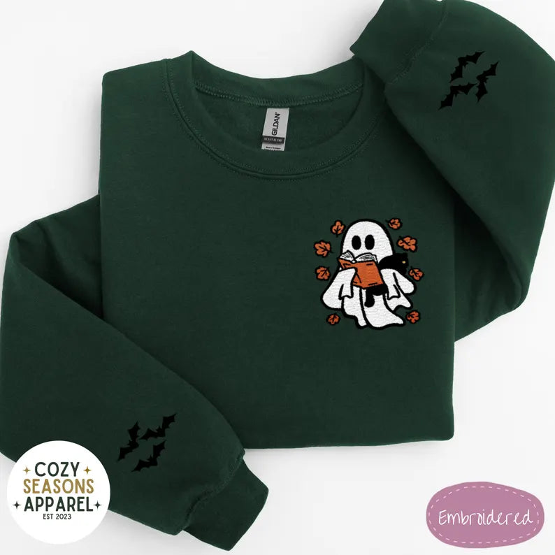 Embroidered Halloween Book Sweatshirt - Spooky Ghost Reading a Book Holding Black Cat in the Fall with Bat Sleeves