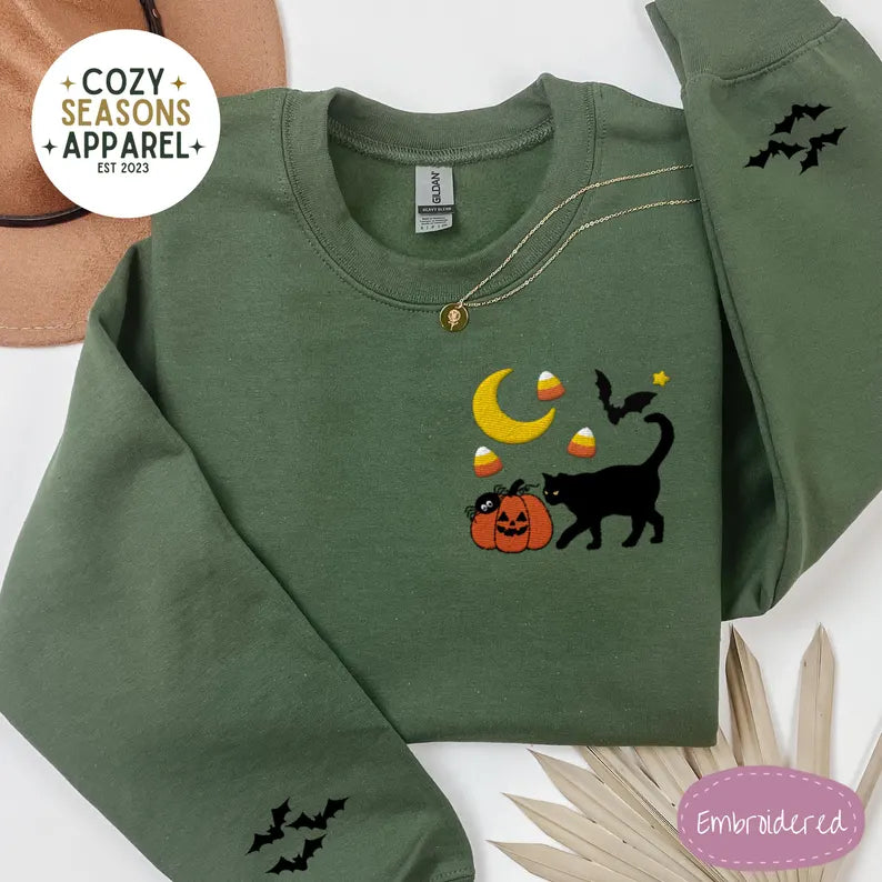 Embroidered Halloween Sweatshirt - Fall Black Cat Pumpkin Raining Candy Corn Bat Sleeves