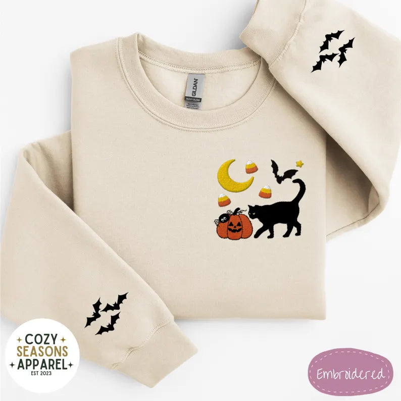 Embroidered Halloween Sweatshirt - Fall Black Cat Pumpkin Raining Candy Corn Bat Sleeves