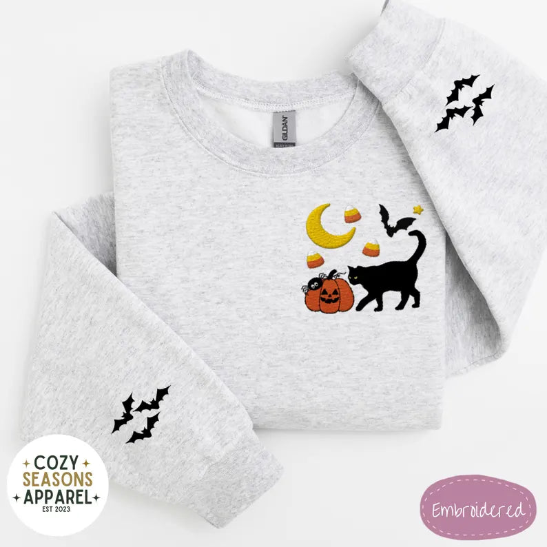 Embroidered Halloween Sweatshirt - Fall Black Cat Pumpkin Raining Candy Corn Bat Sleeves