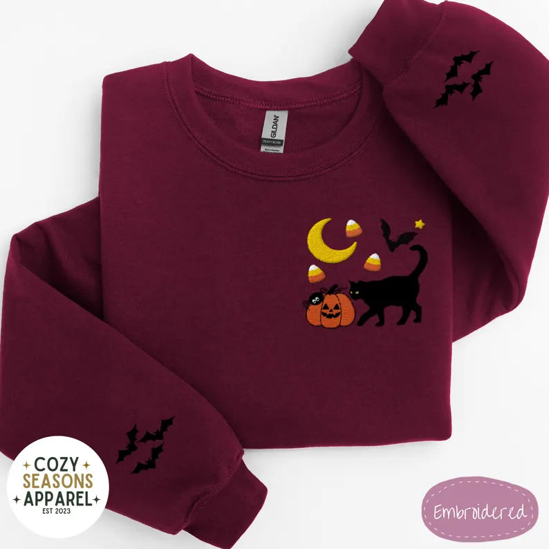 Embroidered Halloween Sweatshirt - Fall Black Cat Pumpkin Raining Candy Corn Bat Sleeves