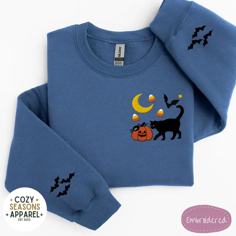 Embroidered Halloween Sweatshirt - Fall Black Cat Pumpkin Raining Candy Corn Bat Sleeves