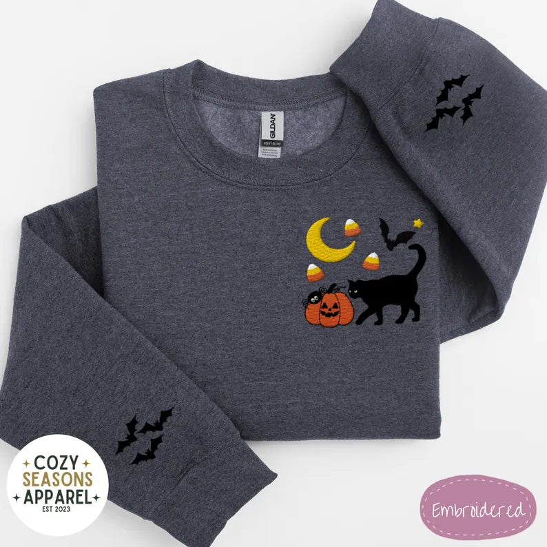 Embroidered Halloween Sweatshirt - Fall Black Cat Pumpkin Raining Candy Corn Bat Sleeves