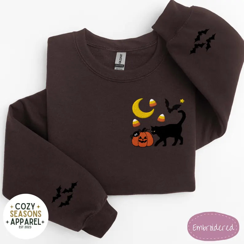 Embroidered Halloween Sweatshirt - Fall Black Cat Pumpkin Raining Candy Corn Bat Sleeves