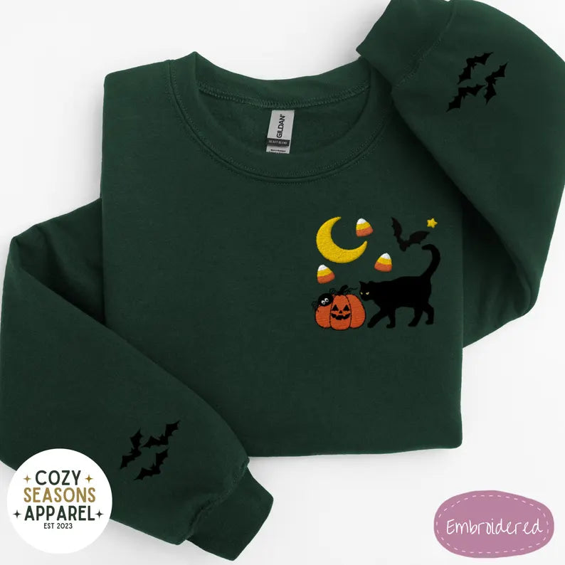 Embroidered Halloween Sweatshirt - Fall Black Cat Pumpkin Raining Candy Corn Bat Sleeves