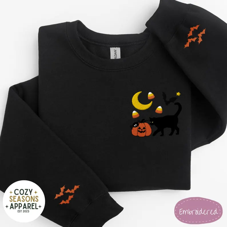 Embroidered Halloween Sweatshirt - Fall Black Cat Pumpkin Raining Candy Corn Bat Sleeves