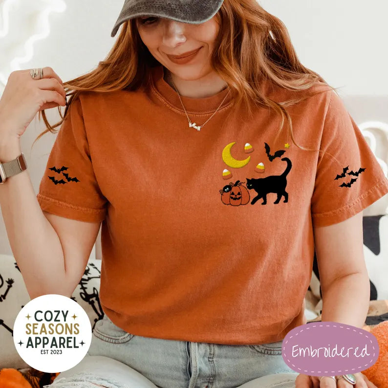 Embroidered Comfort Colors Halloween Shirt -Black Cat Pumpkin Raining Candy Corn Bat Sleeves