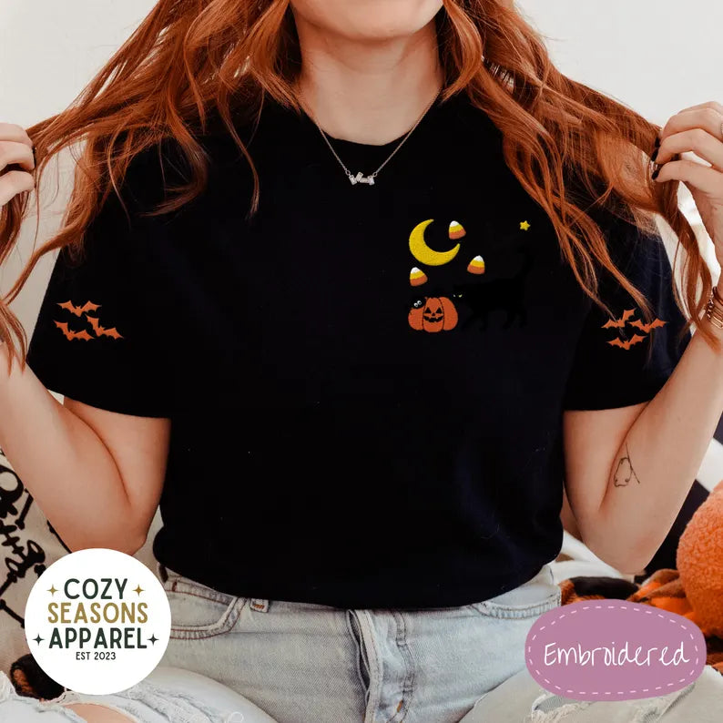 Embroidered Comfort Colors Halloween Shirt -Black Cat Pumpkin Raining Candy Corn Bat Sleeves