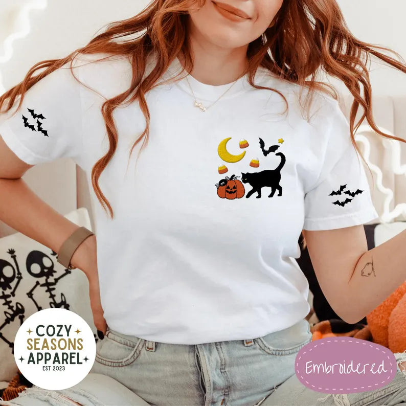 Embroidered Comfort Colors Halloween Shirt -Black Cat Pumpkin Raining Candy Corn Bat Sleeves