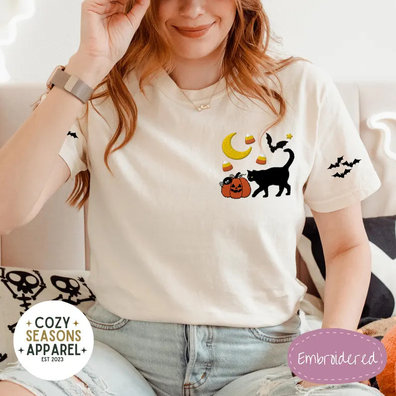 Embroidered Comfort Colors Halloween Shirt -Black Cat Pumpkin Raining Candy Corn Bat Sleeves