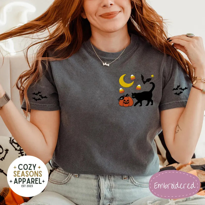 Embroidered Comfort Colors Halloween Shirt -Black Cat Pumpkin Raining Candy Corn Bat Sleeves