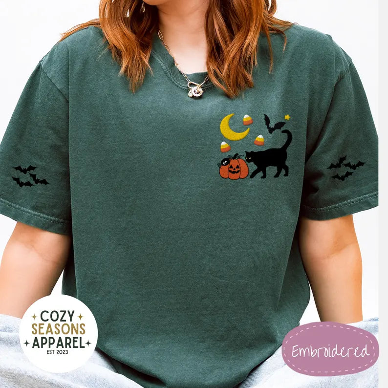 Embroidered Comfort Colors Halloween Shirt -Black Cat Pumpkin Raining Candy Corn Bat Sleeves