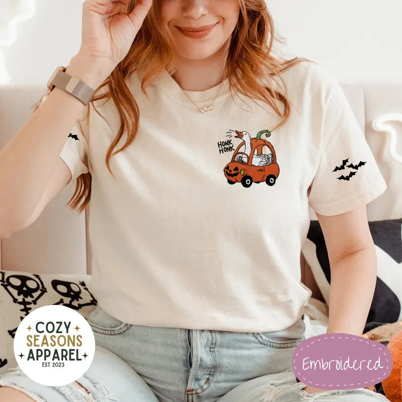 Embroidered Comfort Colors Halloween Shirt - Honk Honk Silly Goose in Pumpkin Buggy with Bat Sleeves