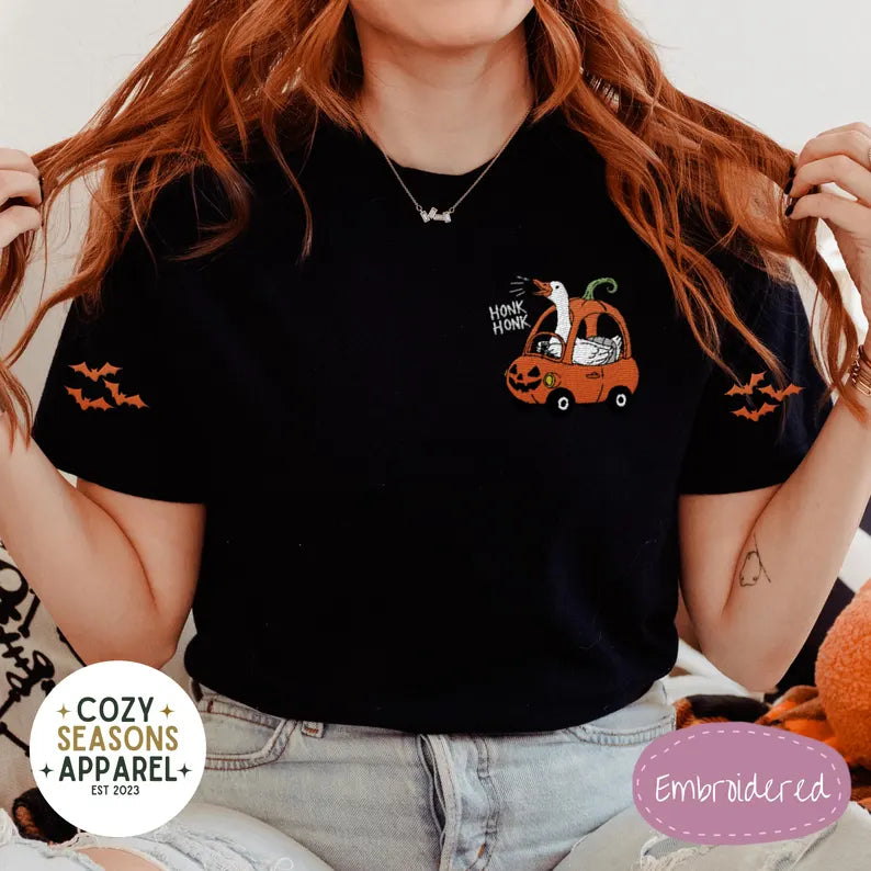 Embroidered Comfort Colors Halloween Shirt - Honk Honk Silly Goose in Pumpkin Buggy with Bat Sleeves