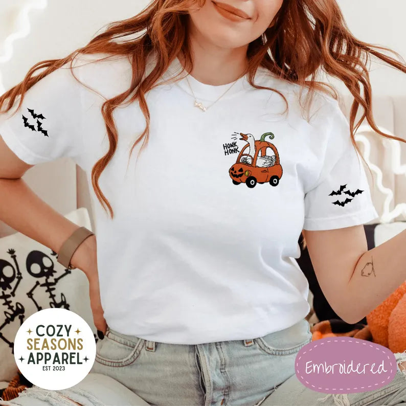 Embroidered Comfort Colors Halloween Shirt - Honk Honk Silly Goose in Pumpkin Buggy with Bat Sleeves