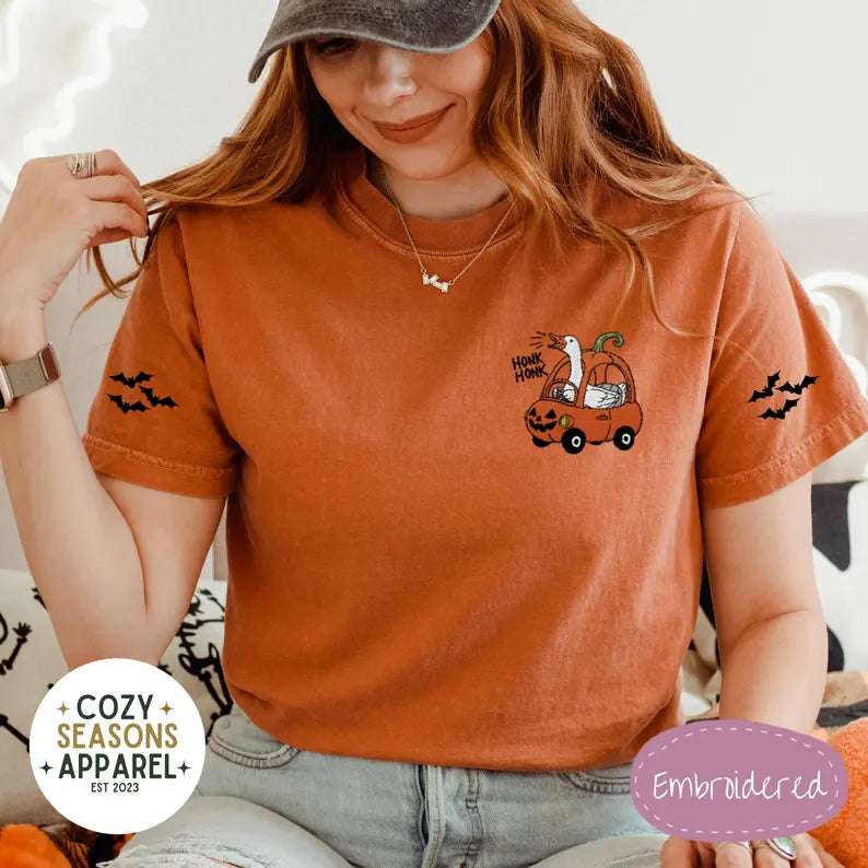 Embroidered Comfort Colors Halloween Shirt - Honk Honk Silly Goose in Pumpkin Buggy with Bat Sleeves