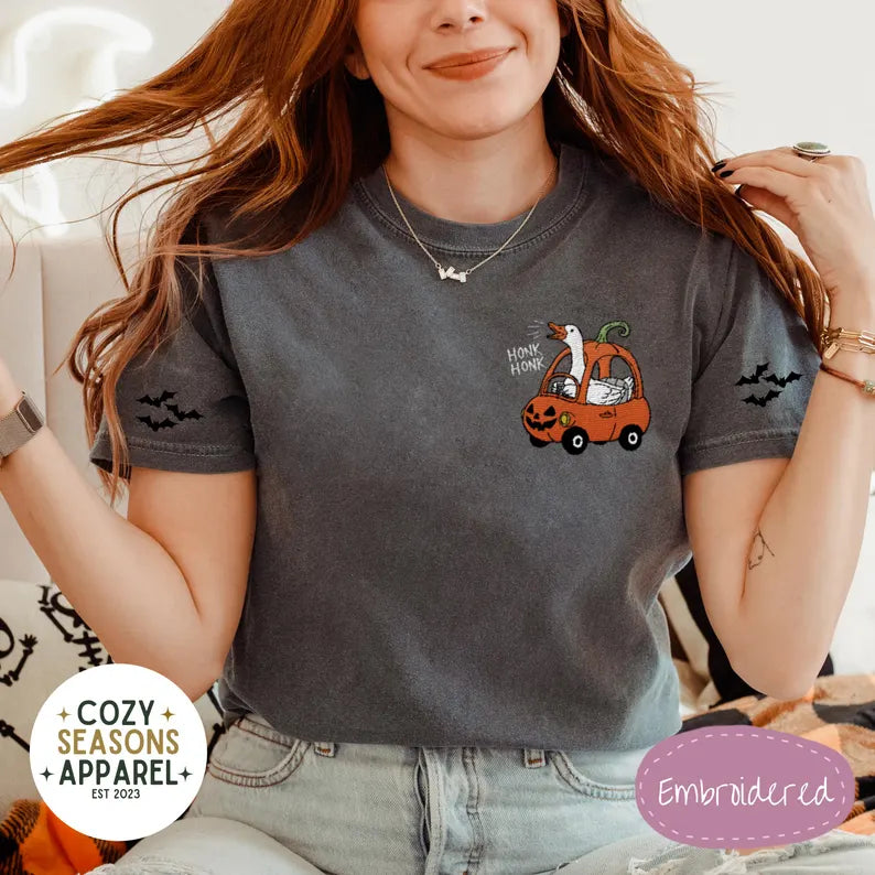 Embroidered Comfort Colors Halloween Shirt - Honk Honk Silly Goose in Pumpkin Buggy with Bat Sleeves