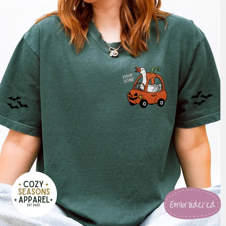 Embroidered Comfort Colors Halloween Shirt - Honk Honk Silly Goose in Pumpkin Buggy with Bat Sleeves