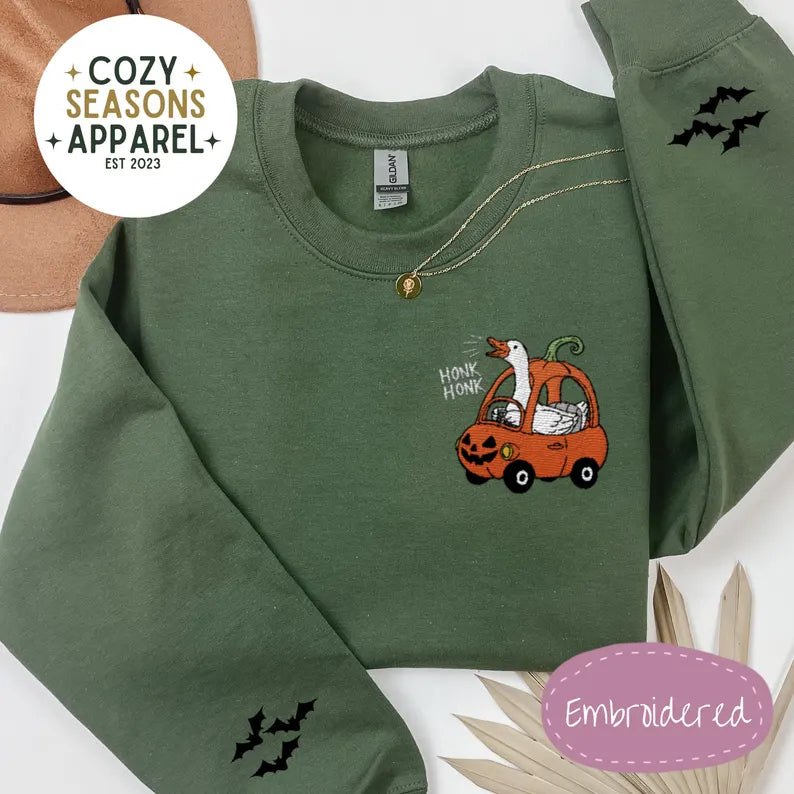 Embroidered Halloween Sweatshirt - Honk Honk Silly Goose in Pumpkin Buggy with Bat Sleeves