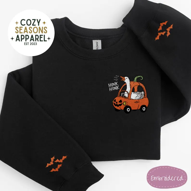 Embroidered Halloween Sweatshirt - Honk Honk Silly Goose in Pumpkin Buggy with Bat Sleeves