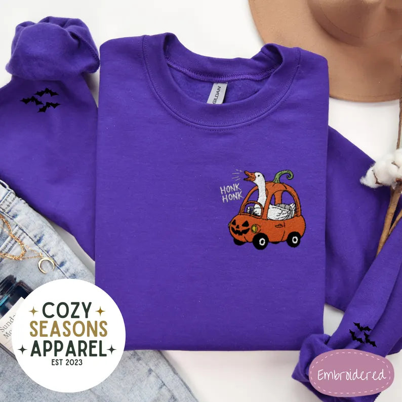 Embroidered Halloween Sweatshirt - Honk Honk Silly Goose in Pumpkin Buggy with Bat Sleeves