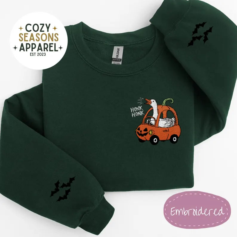 Embroidered Halloween Sweatshirt - Honk Honk Silly Goose in Pumpkin Buggy with Bat Sleeves