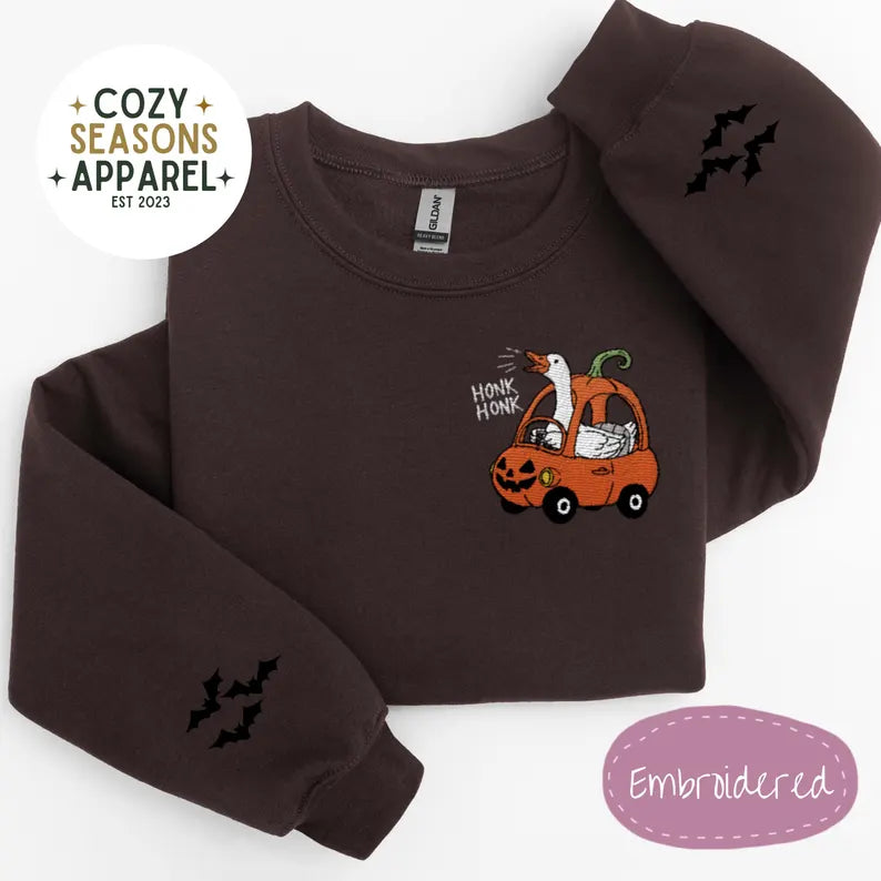 Embroidered Halloween Sweatshirt - Honk Honk Silly Goose in Pumpkin Buggy with Bat Sleeves
