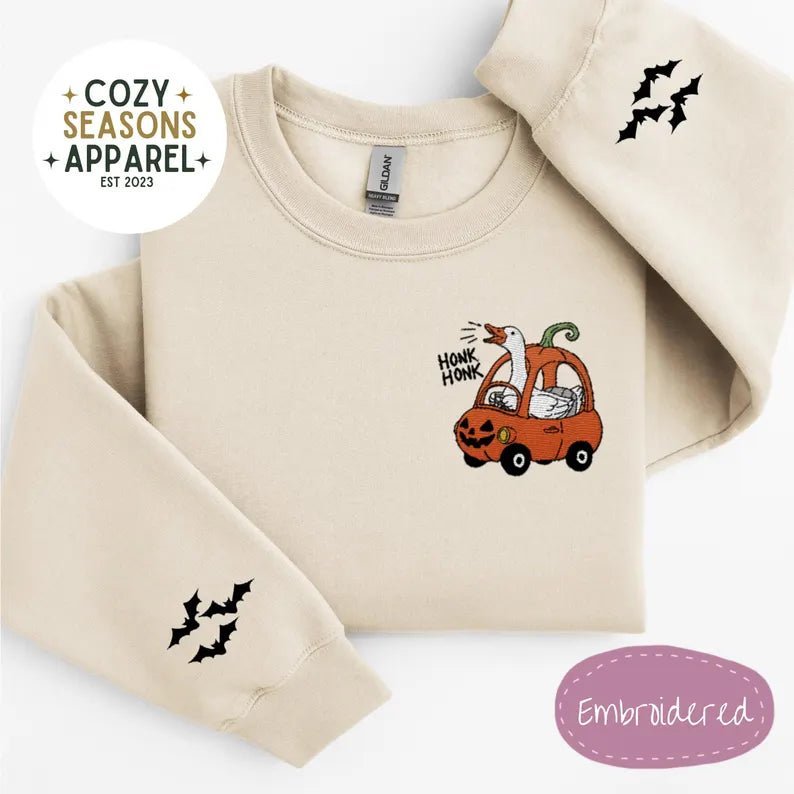 Embroidered Halloween Sweatshirt - Honk Honk Silly Goose in Pumpkin Buggy with Bat Sleeves