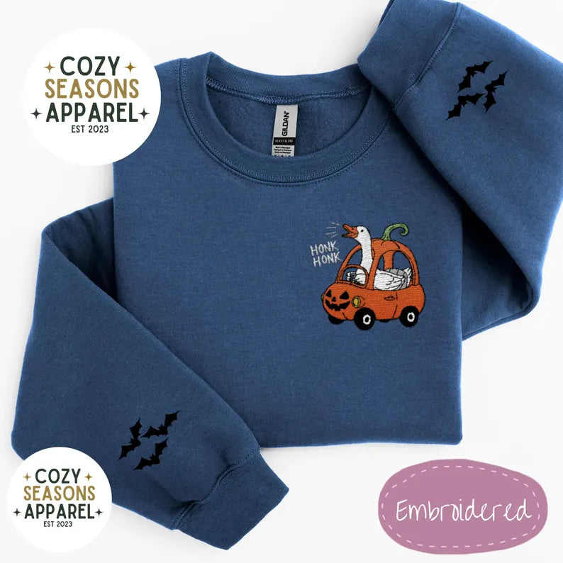 Embroidered Halloween Sweatshirt - Honk Honk Silly Goose in Pumpkin Buggy with Bat Sleeves