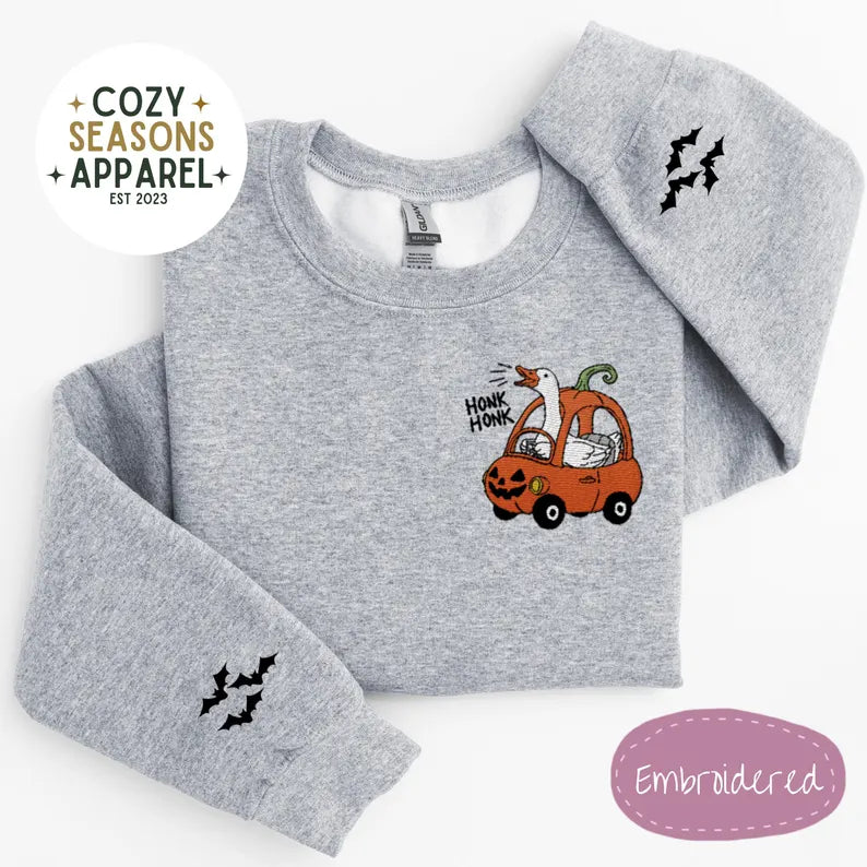 Embroidered Halloween Sweatshirt - Honk Honk Silly Goose in Pumpkin Buggy with Bat Sleeves