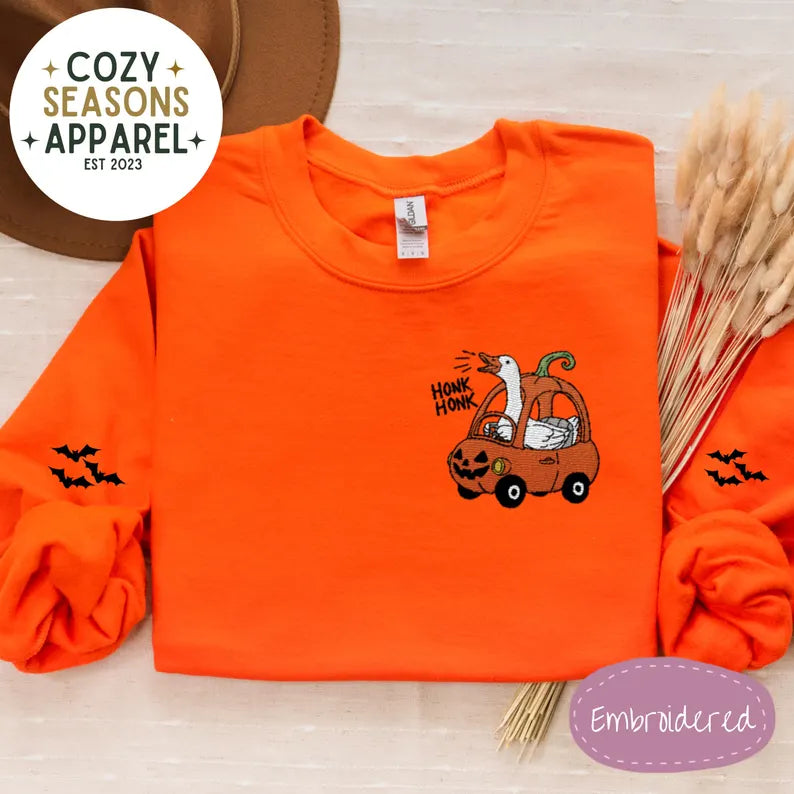 Embroidered Halloween Sweatshirt - Honk Honk Silly Goose in Pumpkin Buggy with Bat Sleeves