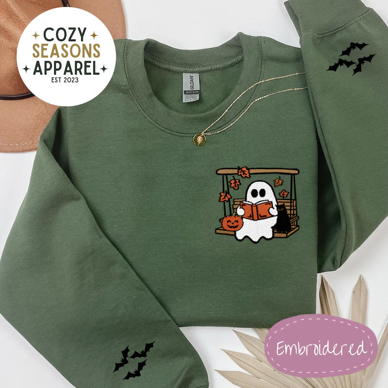 Embroidered Halloween Sweatshirt - Spooky Ghost Reading in Swing with Black Cat in the Fall with Bat Sleeves